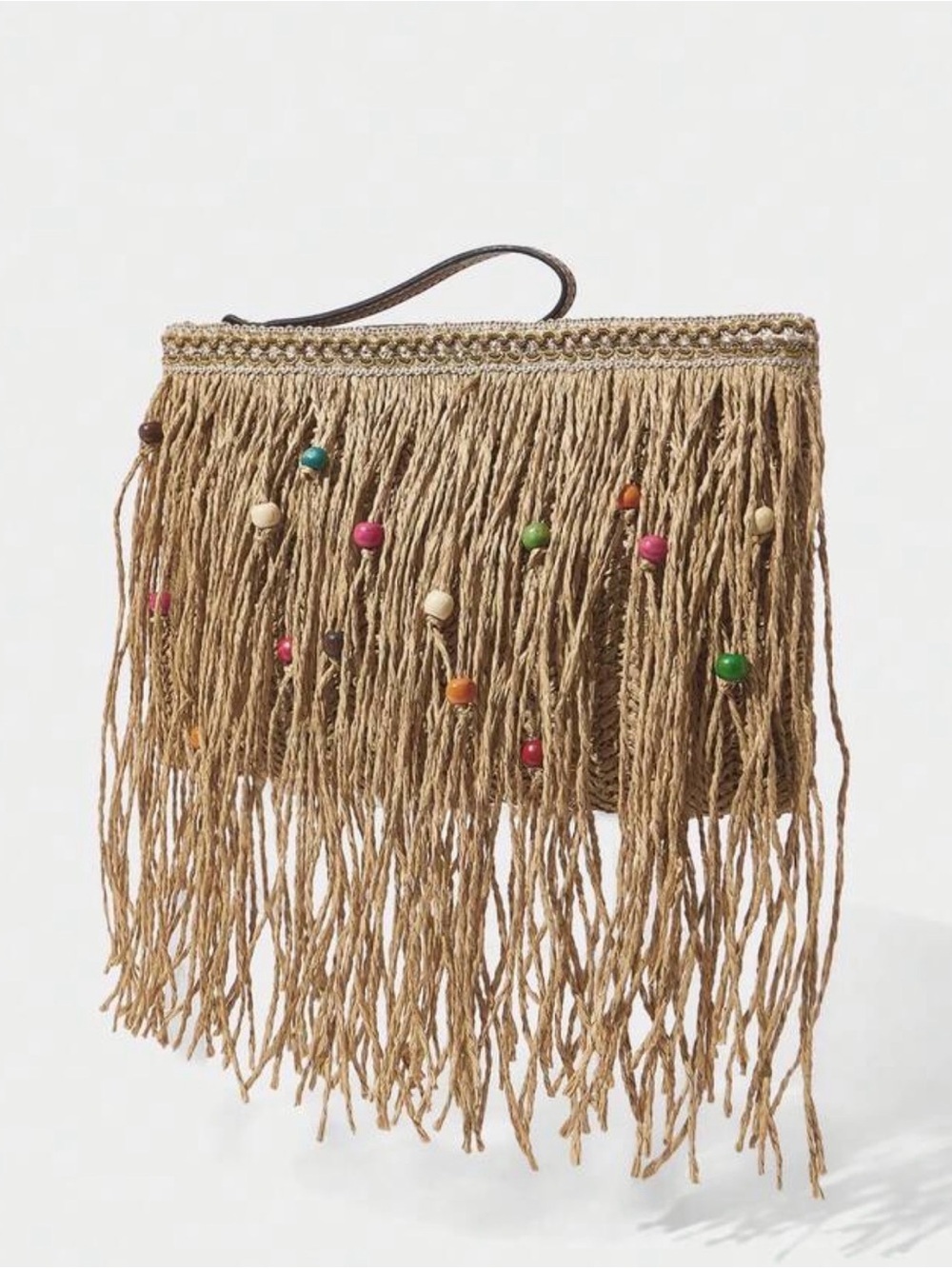 Boho Fringe Bead Wristlet Clutch in Natural